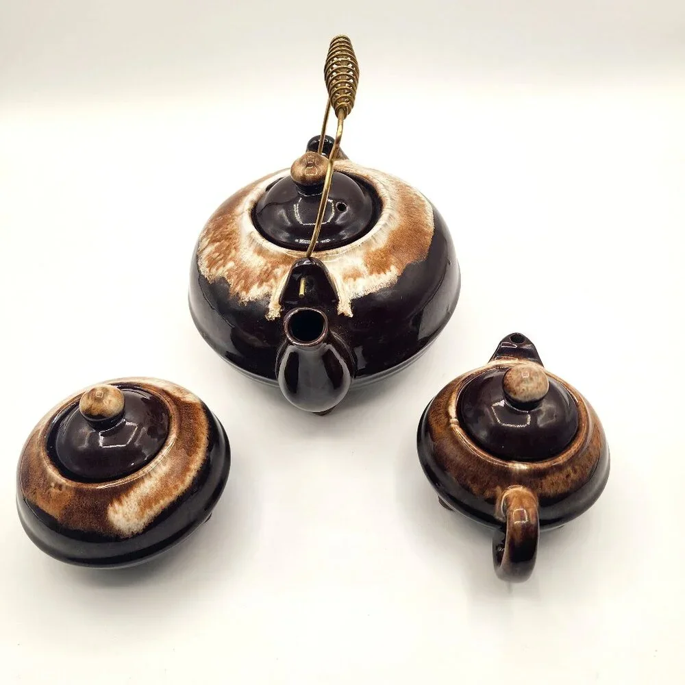 Vintage Redware Drip Glaze Teapot Creamer Sugar Set Wire Handle Ceramic Japan